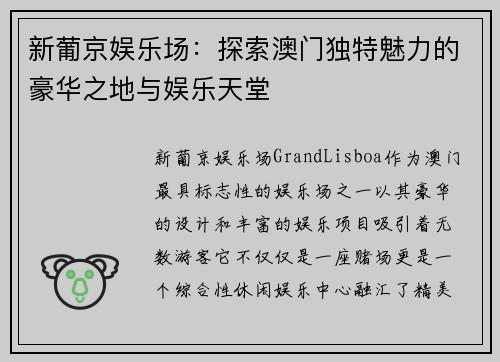 新葡京娱乐场：探索澳门独特魅力的豪华之地与娱乐天堂